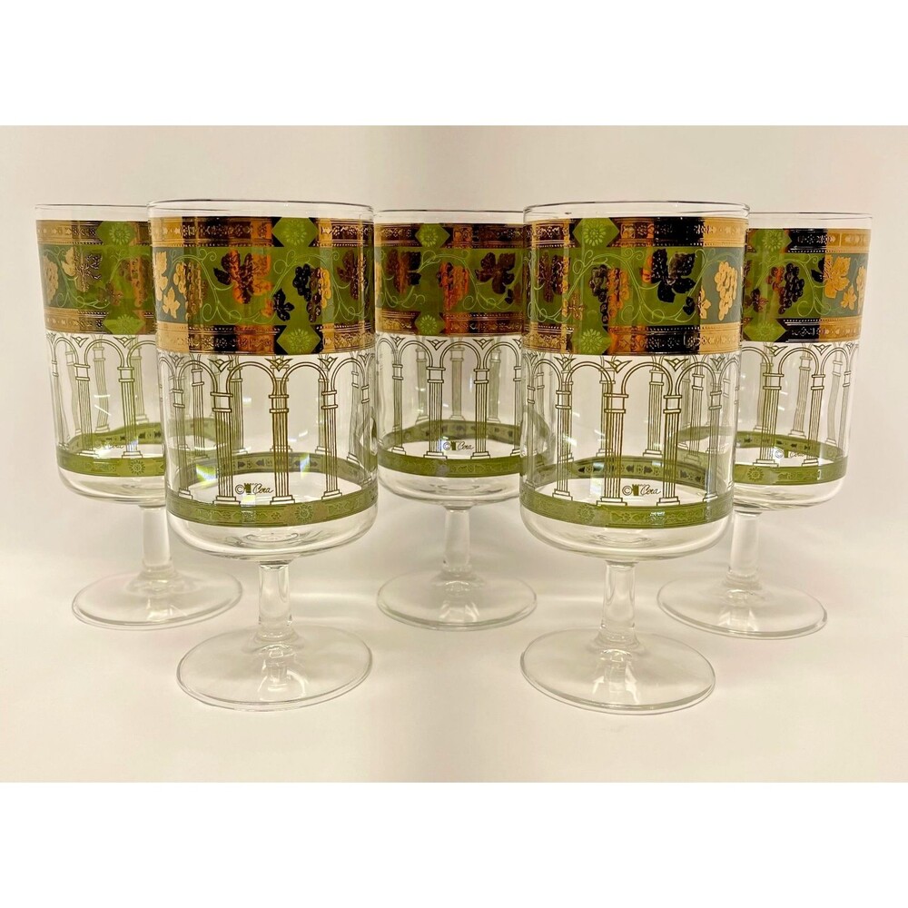 Vintage Cera Water Goblets Grecian Green With Gold Grapes & Columns Set of 5